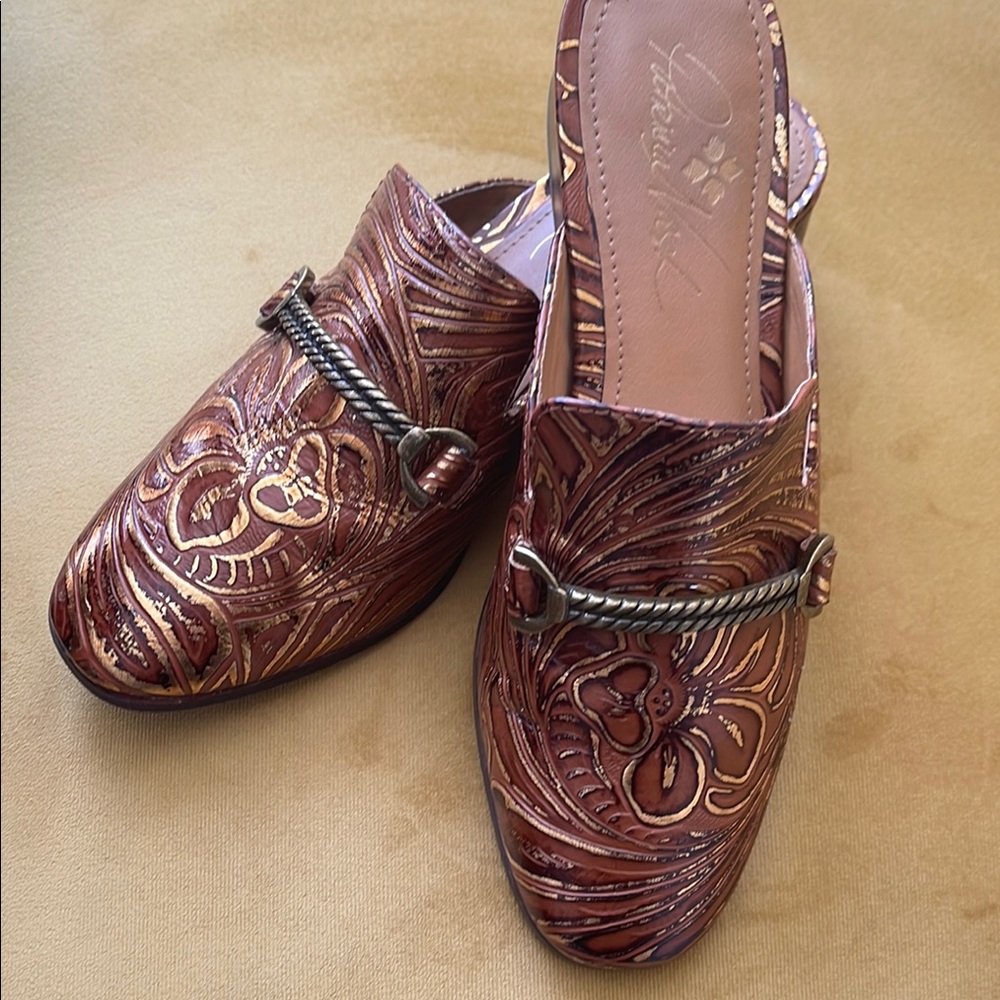 Patricia Nash Brown and Gold Mules